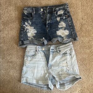 American Eagle Outfitters Distressed Jean Shorts - Dark Blue and Light Blue